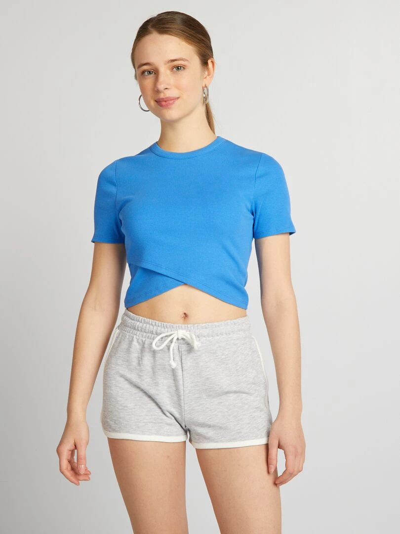 Tee shirt crop top côtelé Bleu