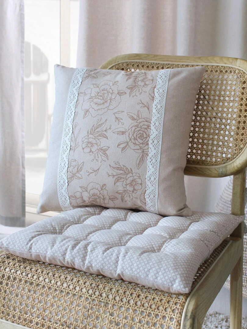 Galette de chaise piquée et imprimée de petites croix   Beige