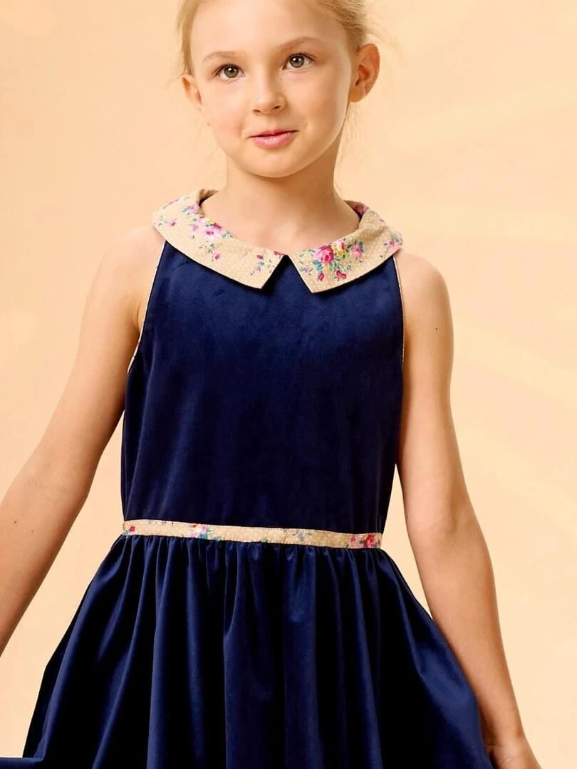Robe Qui Tourne Fille Velours Bleu Marine Col Fleuri Beige HEPBURN 'LA FAUTE A VOLTAIRE' Bleu marine