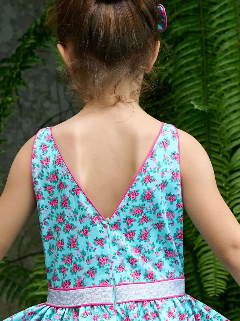 Robe Cérémonie Fleurie Bleu Turquoise Fuchsia HEPBURN 'LA FAUTE A VOLTAIRE' Bleu
