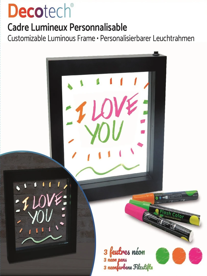 Cadre Lumineux Personnalisable Avec 3 Feutres Néon Pour Écrire Et Dessiner   Transparent