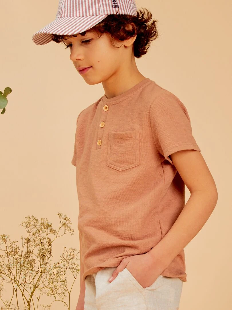 T shirt en coton à col tunisien Camel