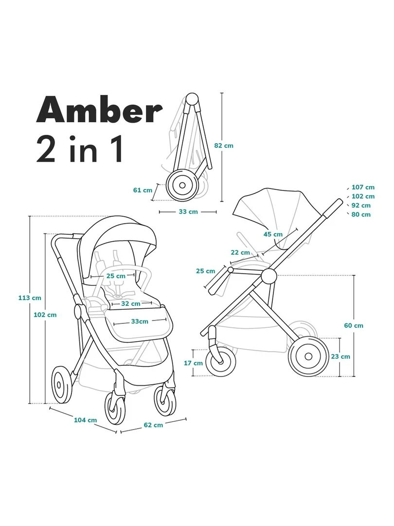 LIONELO Amber 2 en 1   Poussette Duo   Jusqu'à 22Kg   Noir   Noir