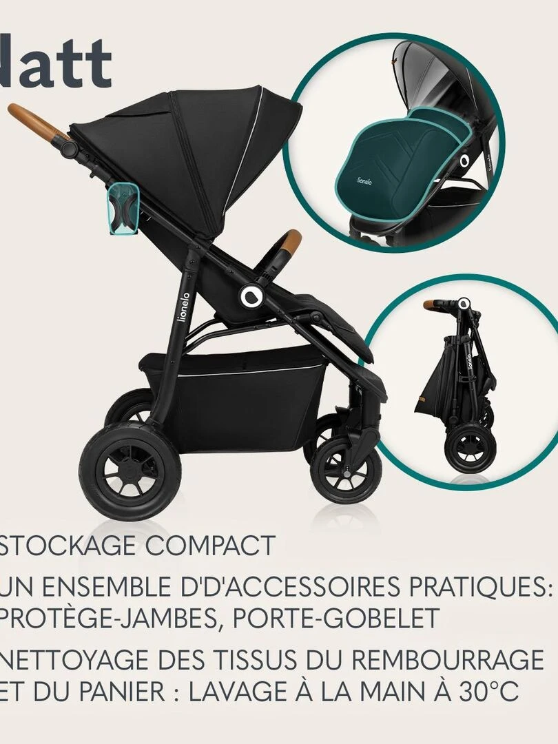 LIONELO Natt   Poussette bébé compacte   Jusqu'à 22 Kg   Légère & pliable   Noir   Noir