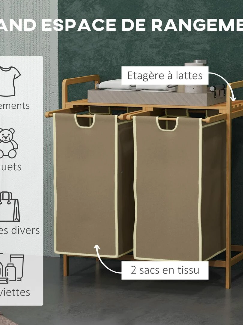 Panier à linge corbeille à linge bambou 2 paniers amovibles crème   Beige/Blanc