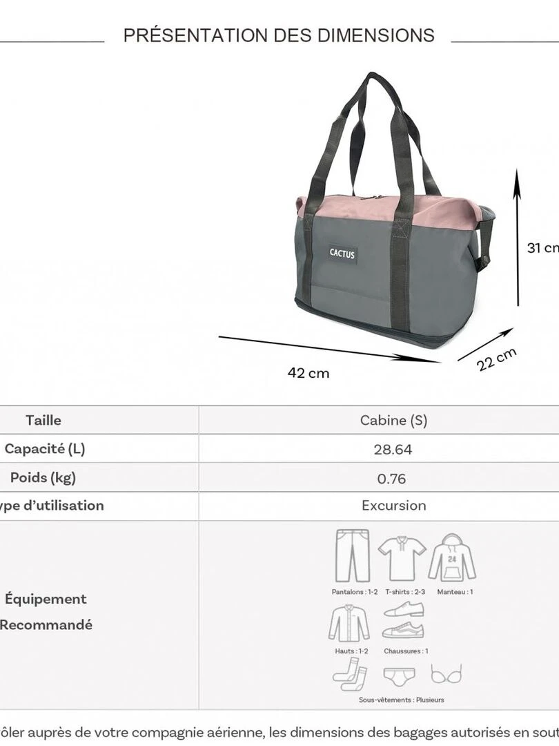 Sac de voyage week end 28L déperlant sans roulettes   Gris