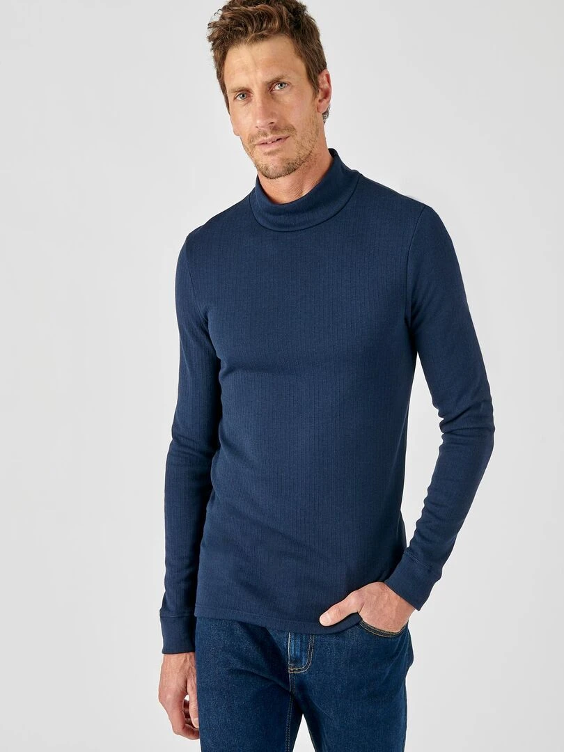 T shirt côtes molletonnées  col montant Thermolactyl   Damart   Bleu marine