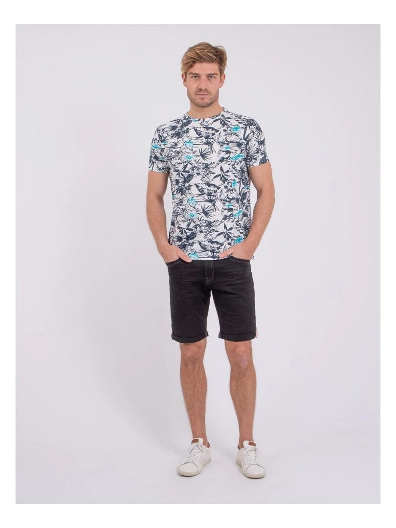 T shirt col rond pur coton NAKIWI   Bleu turquoise