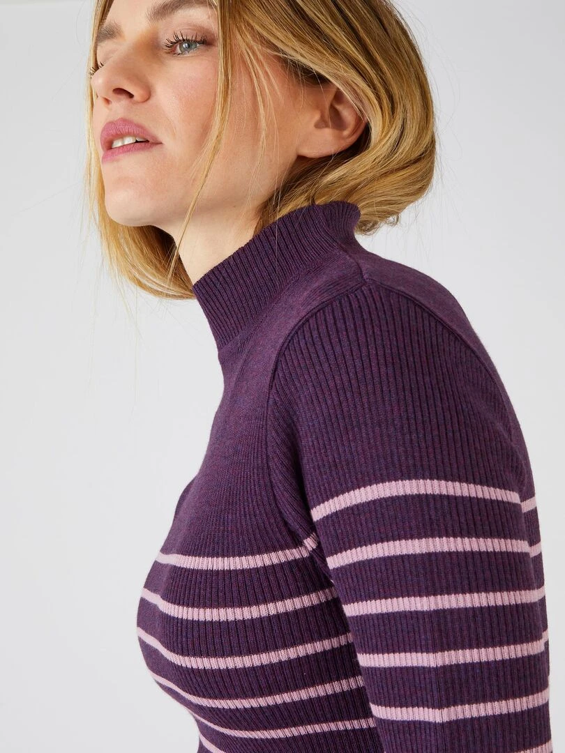Pull col montant  50% laine mérinos  uni et rayé   Damart   Violet