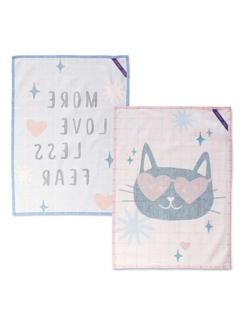 Torchon (2 pièces) Meow love "Happyfriday"   Blanc