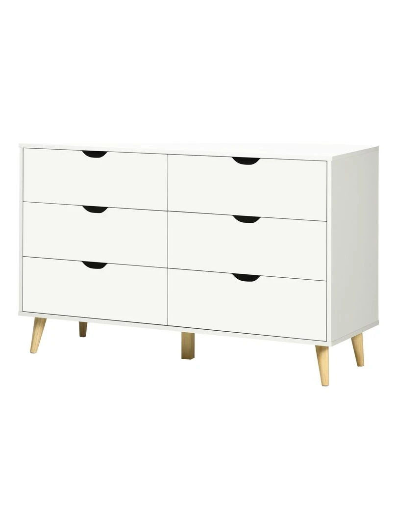 Commode 6 tiroirs design scandinave bois pin panneaux blanc Blanc