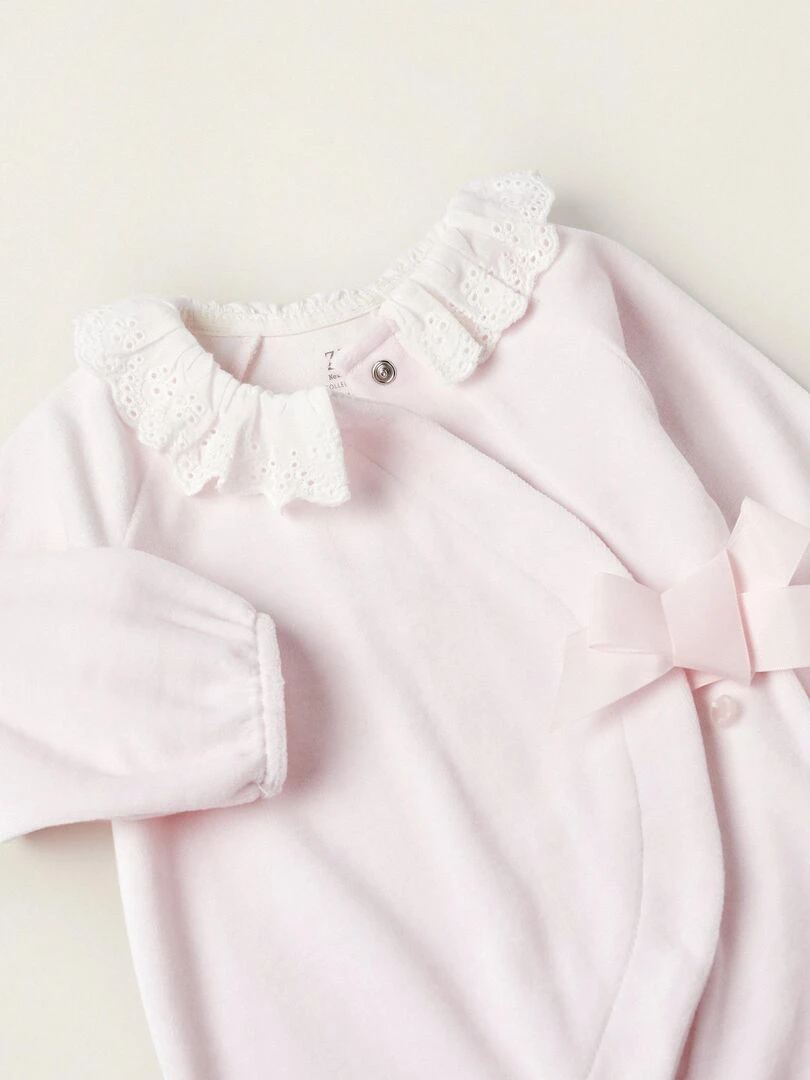 Grenouillère en velours avec nœud pour nouveau né  WELCOME HOME   Rose