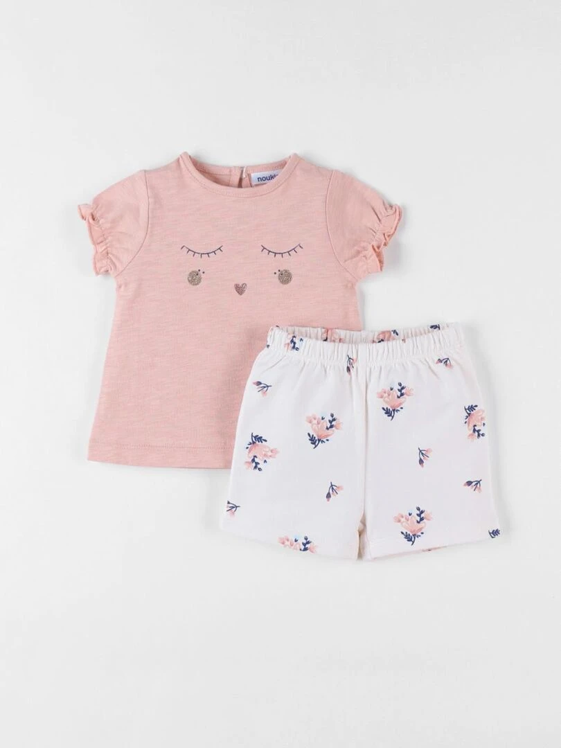 Set t shirt + short imprimé fleuri poudré/écru Noukie's Multicolore