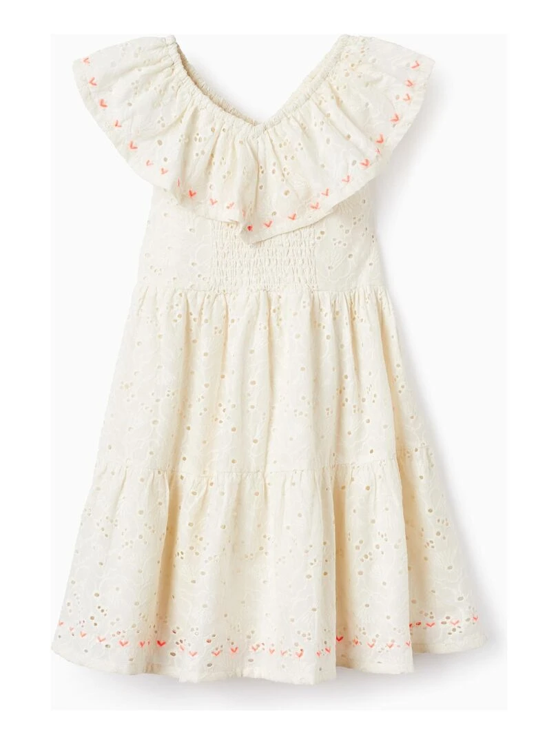 Robe En Coton Avec Broderie Anglaise Pour Fille manches courtes Blanc