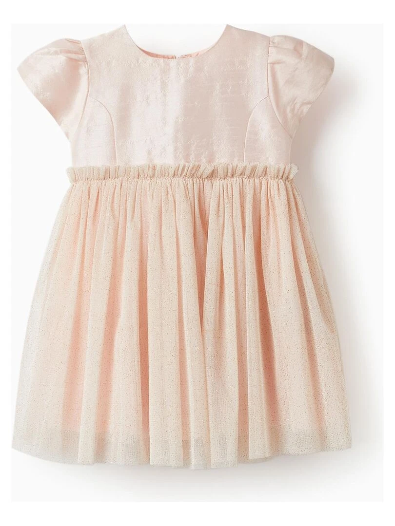 Robe avec jupe en tulle et paillettes dorées pour bébé fille manches courtes Rose