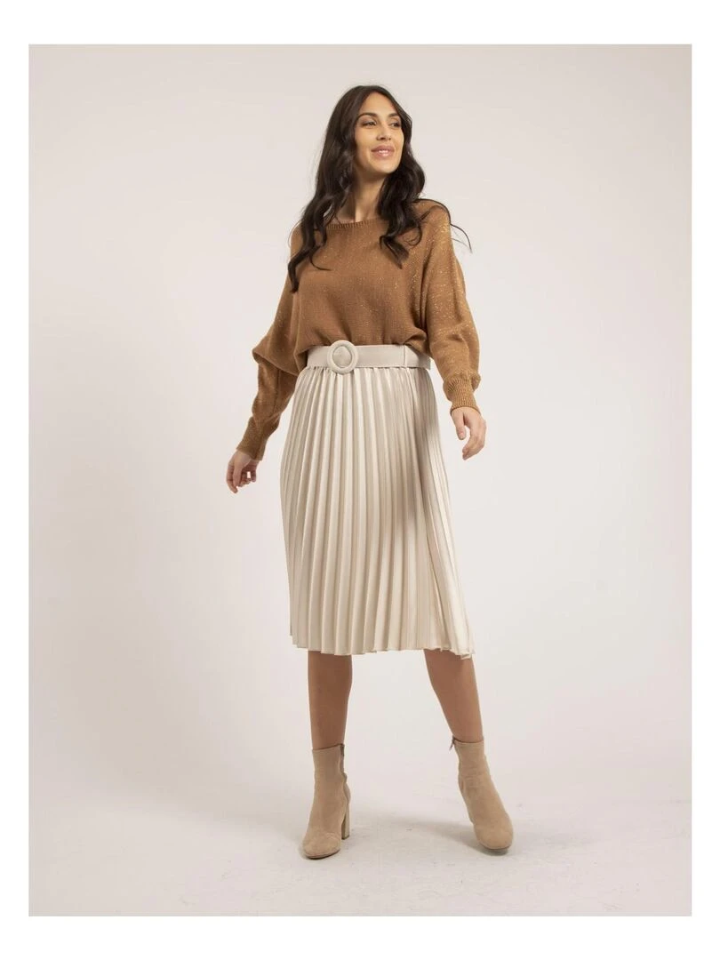 Jupe mi longue plissée satin et ceinture XOLIA   Beige