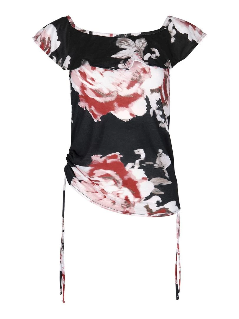 Top froncé épaules tombantes Hawaii   Noir