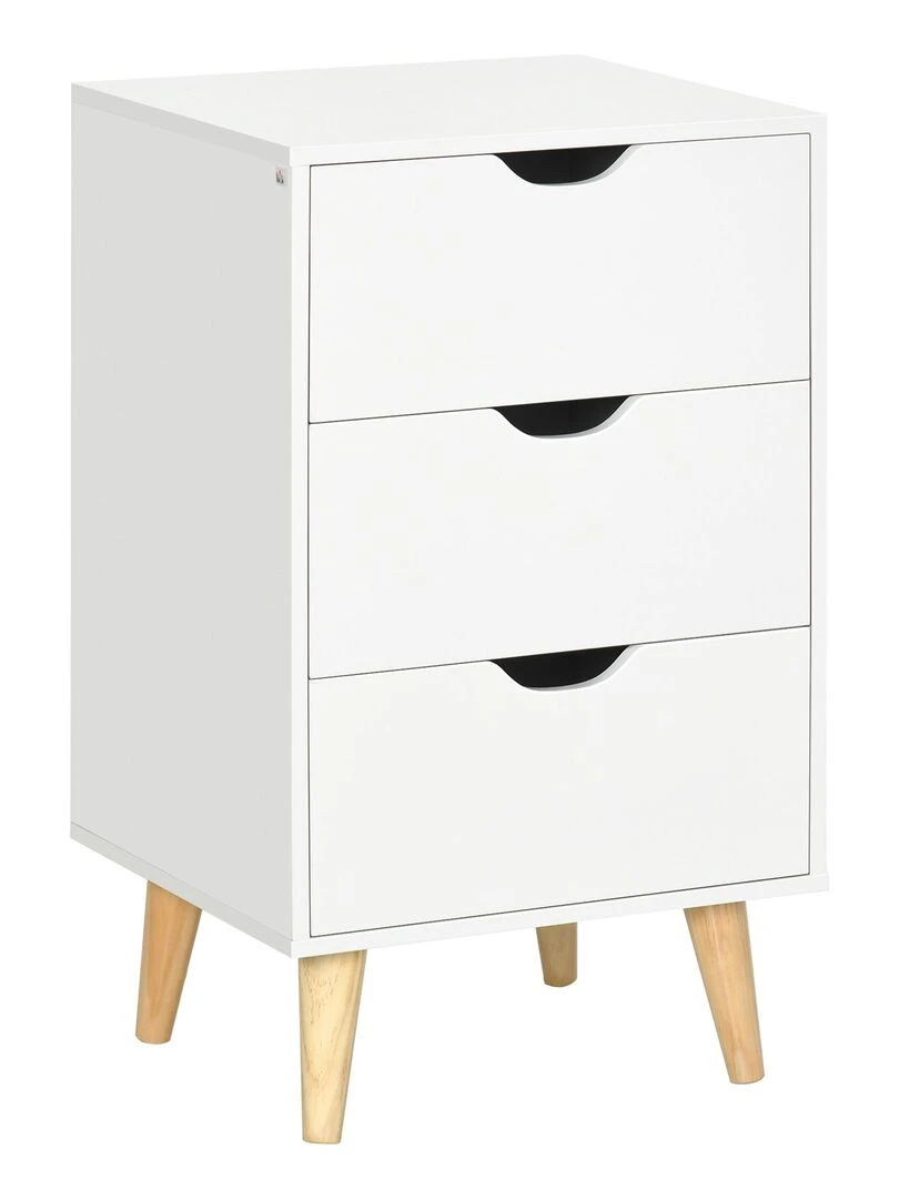 Chiffonnier 3 tiroirs design scandinave piètement bois pin panneaux blanc Blanc