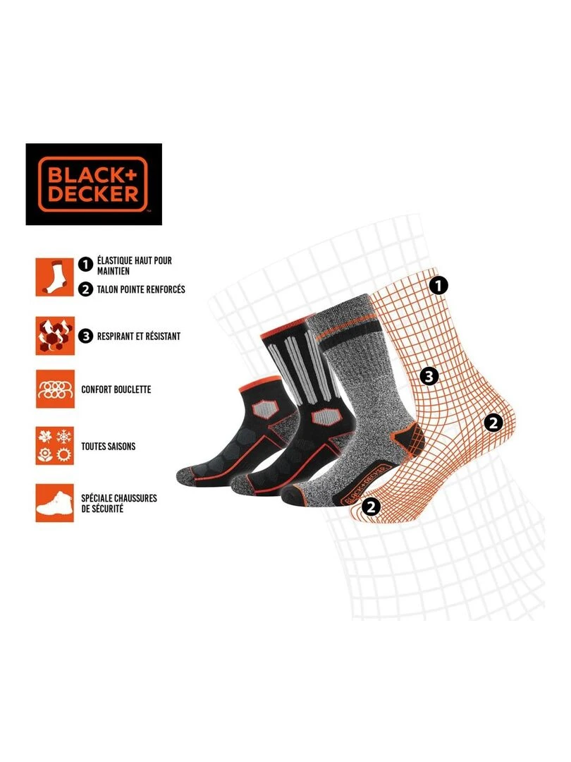 Lot de 12 Paires de Chaussettes hautes de travail TEK Black & Decker Noir