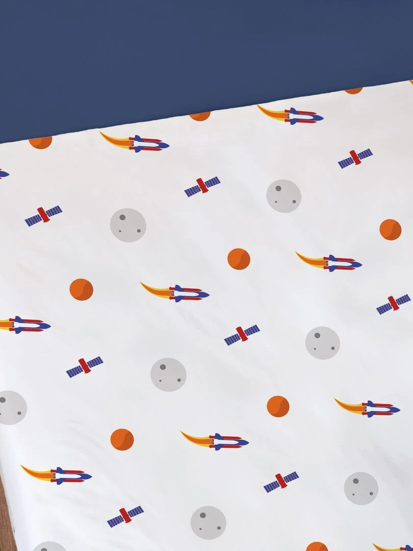 Drap housse imprimé 100% coton  EXPLORE SPACE   Blanc