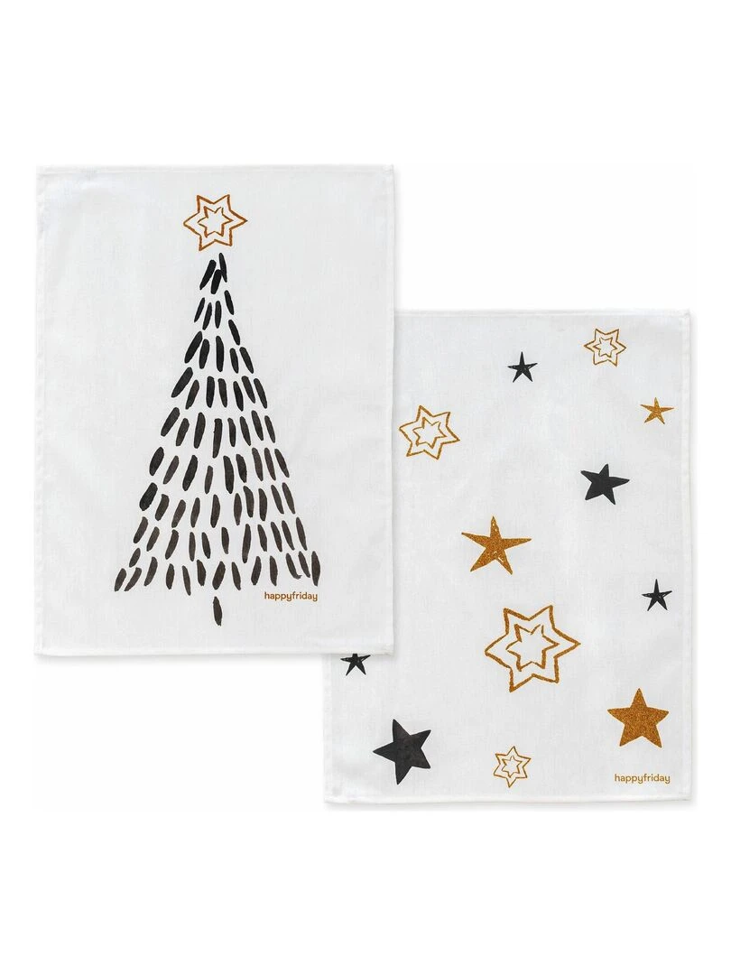Torchon (2 pièces) Gold Xmas "Happyfriday" Blanc