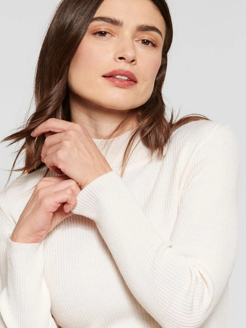 Pull col montant 50% laine mérinos uni et rayé Damart Ivoire