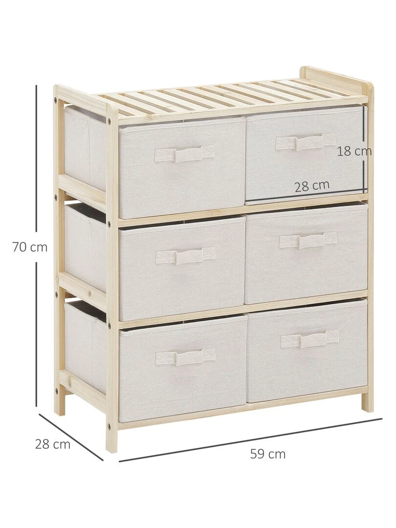 Commode 6 tiroirs tissu polyester beige bois sapin   Beige