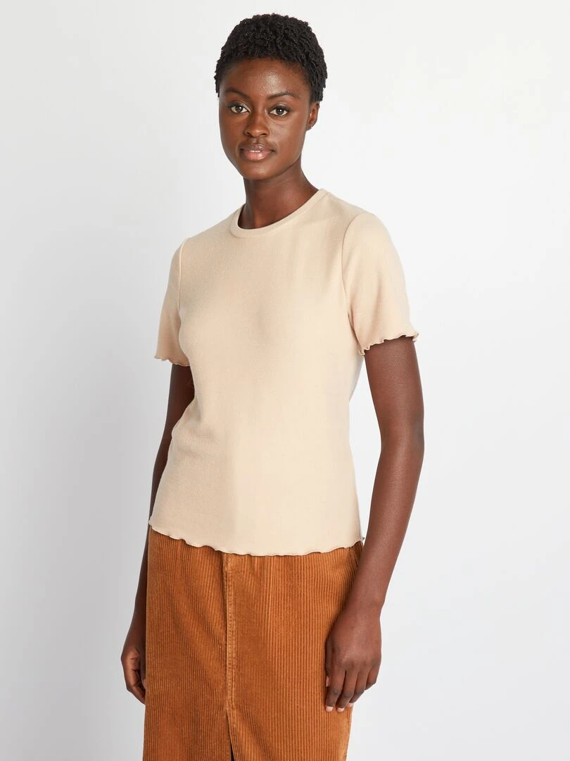T shirt côtelé en matière doudou   Beige