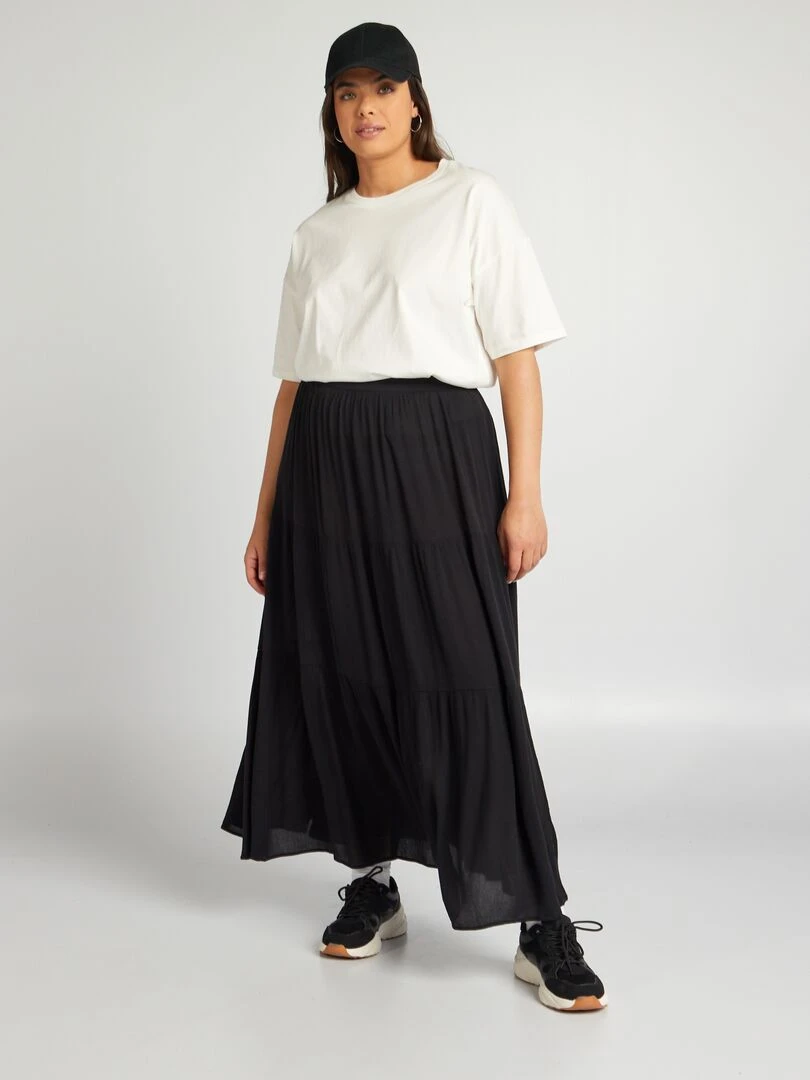 Jupe longue à étages avec taille élastiquée noir