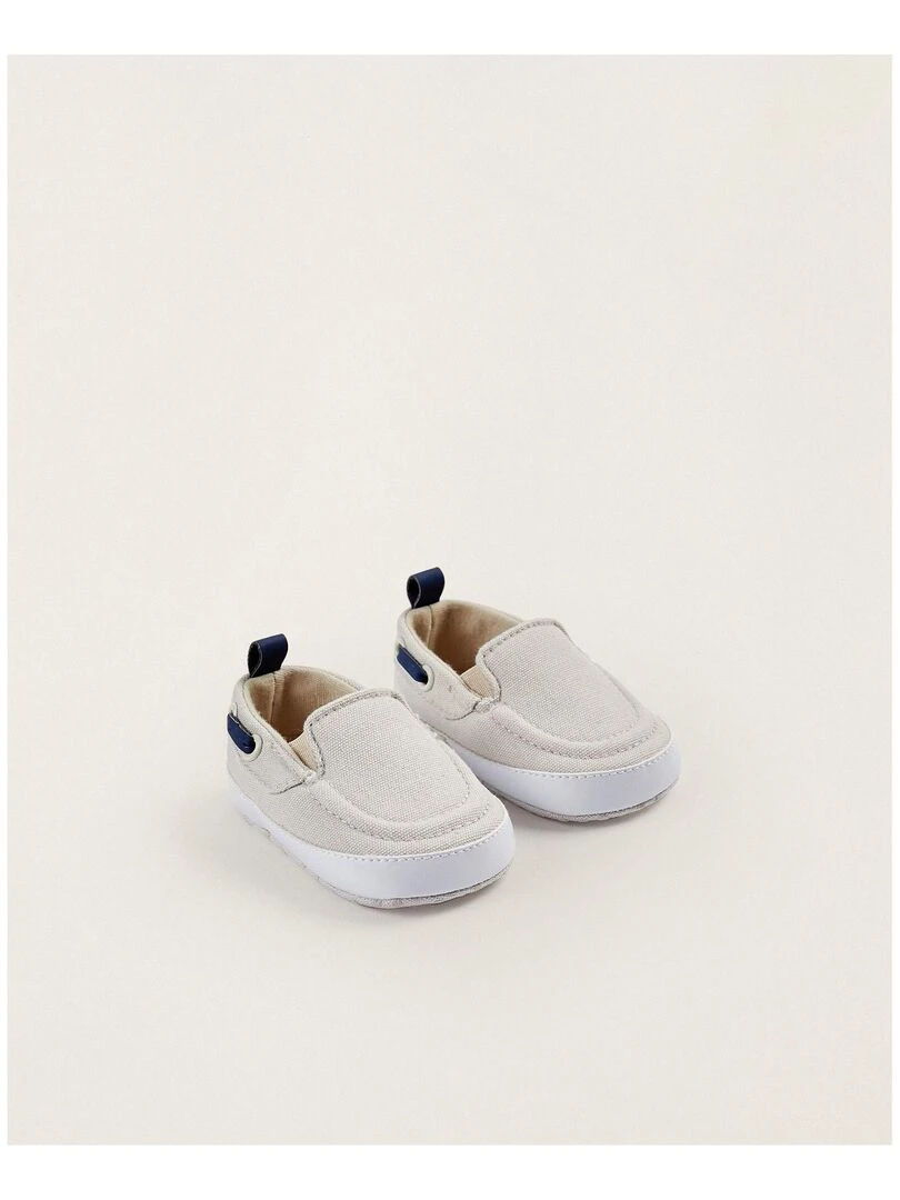 Chaussures Bateau en Tissu et Cuir pour Nouveau Né ATLANTIC COMPANY Gris clair