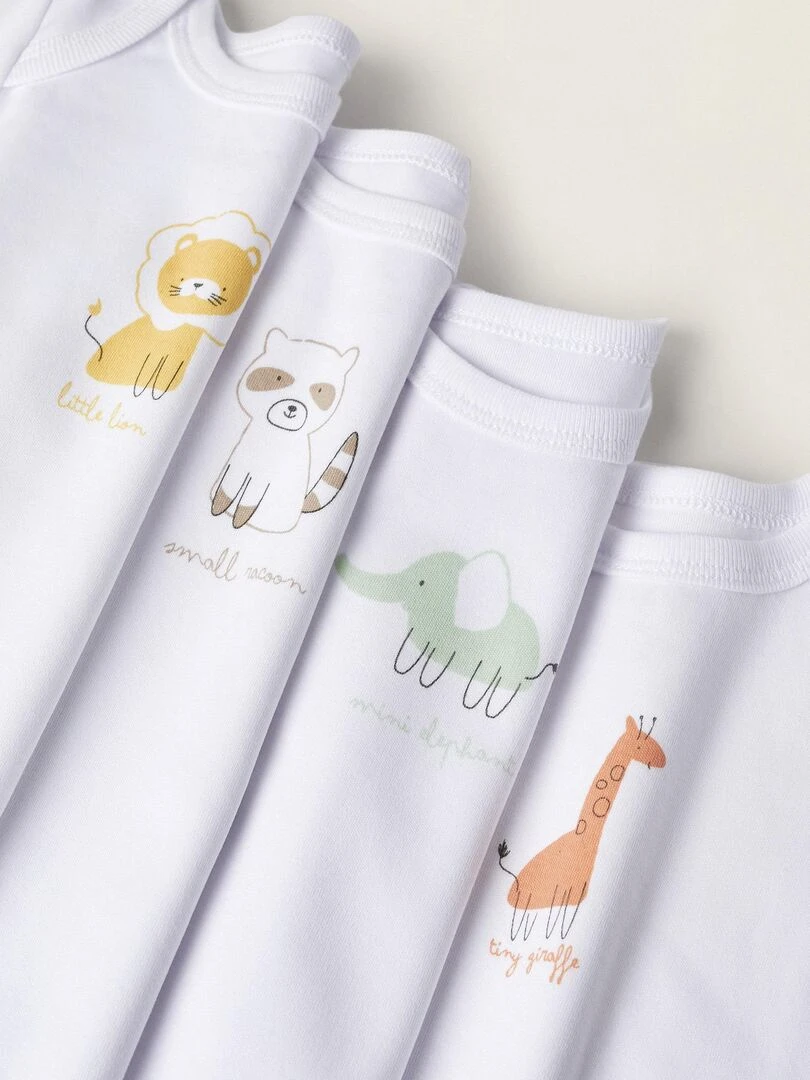 Pack 4 Bodies en Coton pour Nouveau Né et Bébé 'Animaux' manches longues ESSENTIALS LINE   Blanc