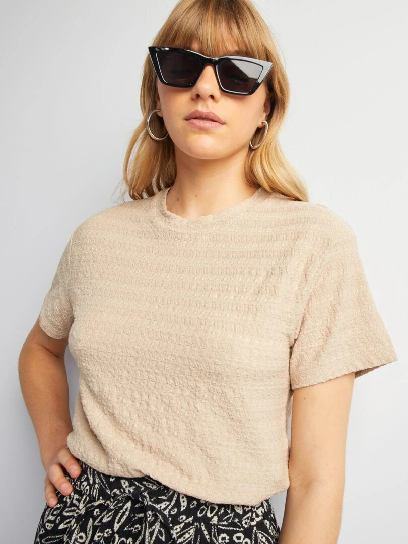 T shirt stretch en mailel gaufrée Beige