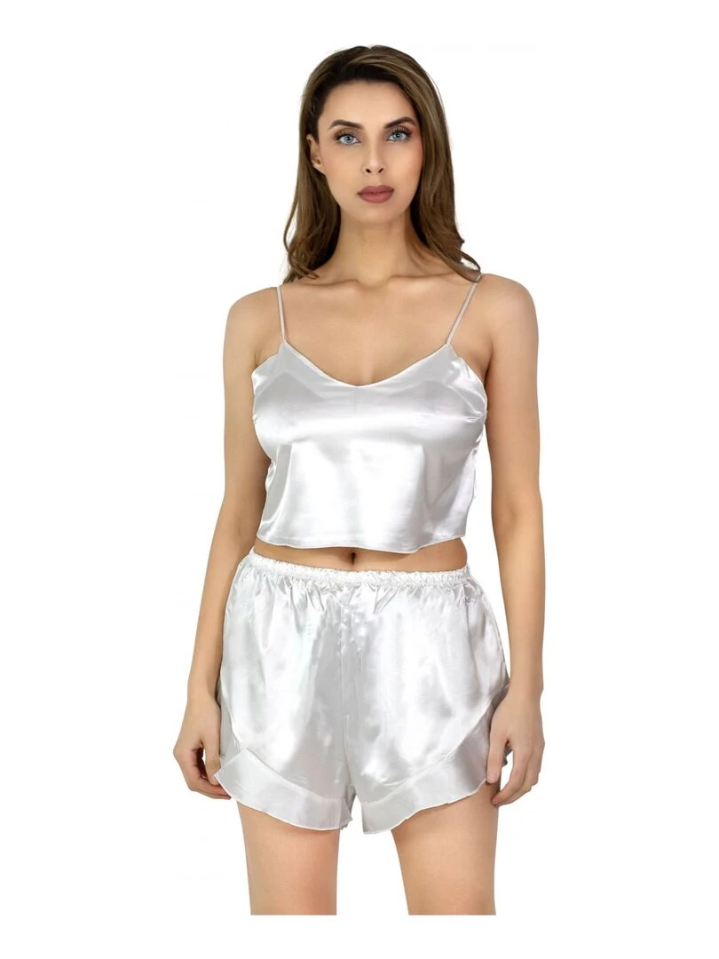 Ensemble Pyjashort fluide en satin Kebello Blanc Blanc