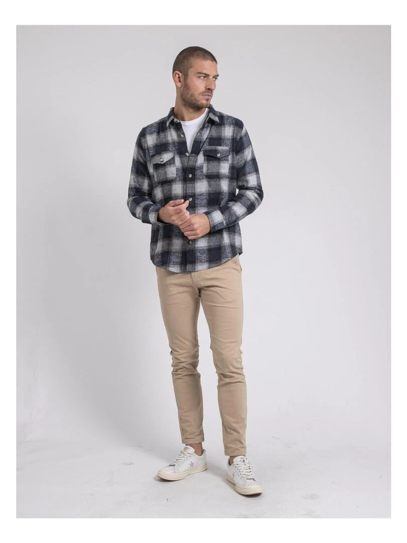 Chemise manches longues carreaux pur coton flanelle TELOROK   Bleu marine