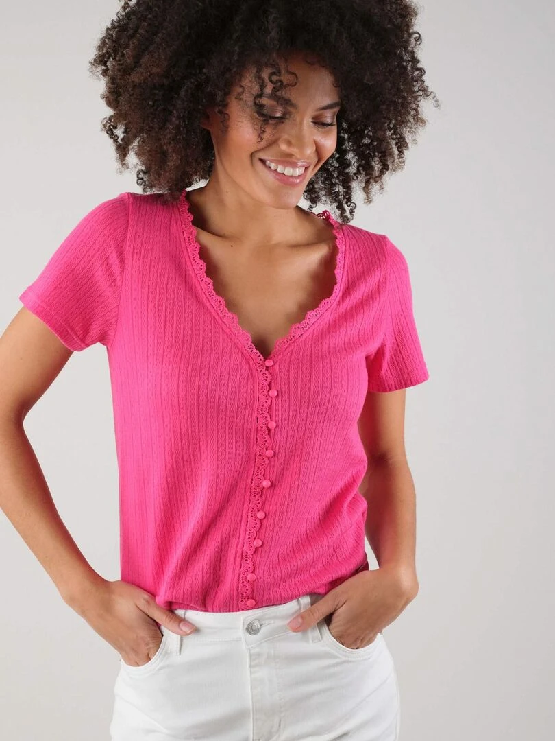 T shirt pour femme en maille jacquard 'Deeluxe'   Rose fushia