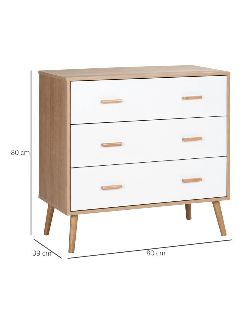 Commode scandinave sur pieds 3 tiroirs blanc aspect bois clair   Beige