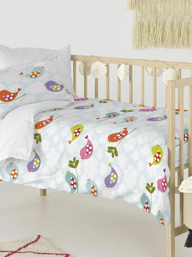 Parure housse de couette 2 pièces Little birds Berceau "Happyfriday" Bleu Rose