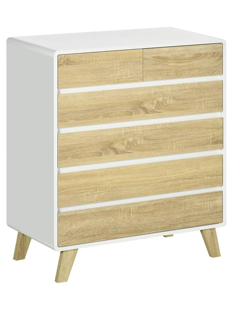 Commode scandinave sur pieds 6 tiroirs blanc aspect chêne clair Beige