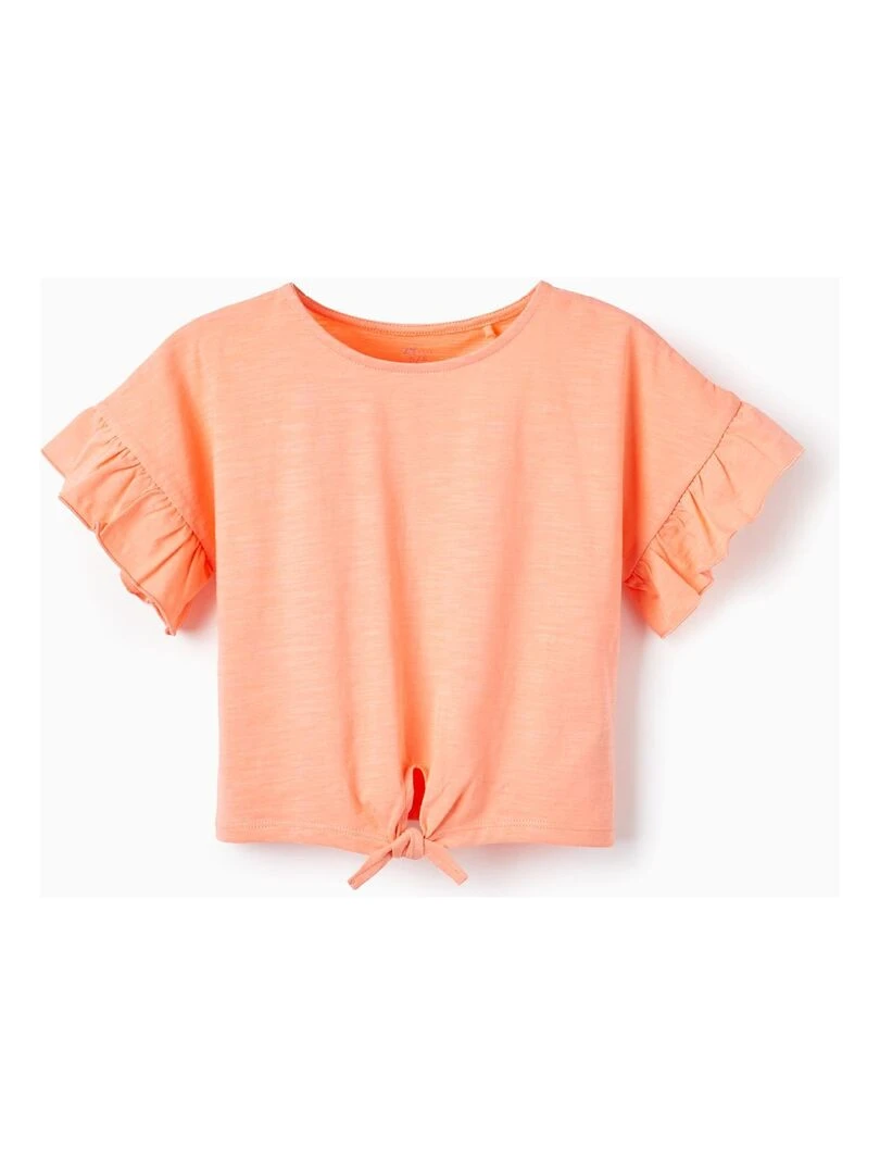 T shirt avec nœud en coton pour fille manches courtes Orange corail