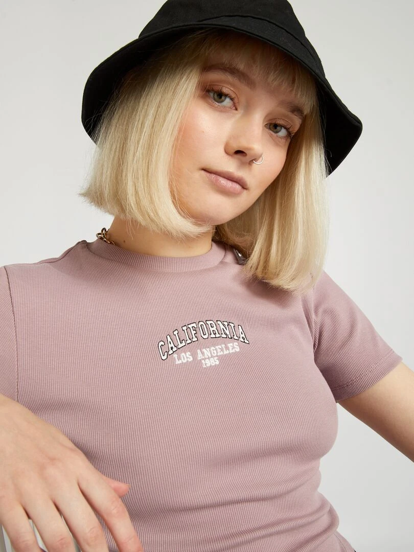 Crop top côtelé uni 'California' Rose