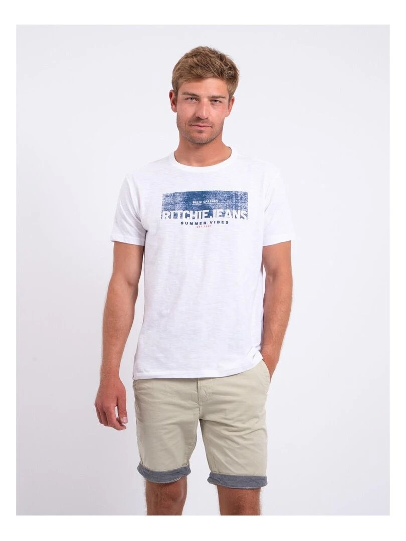 T shirt manches courtes col rond pur coton NOTELOX Blanc
