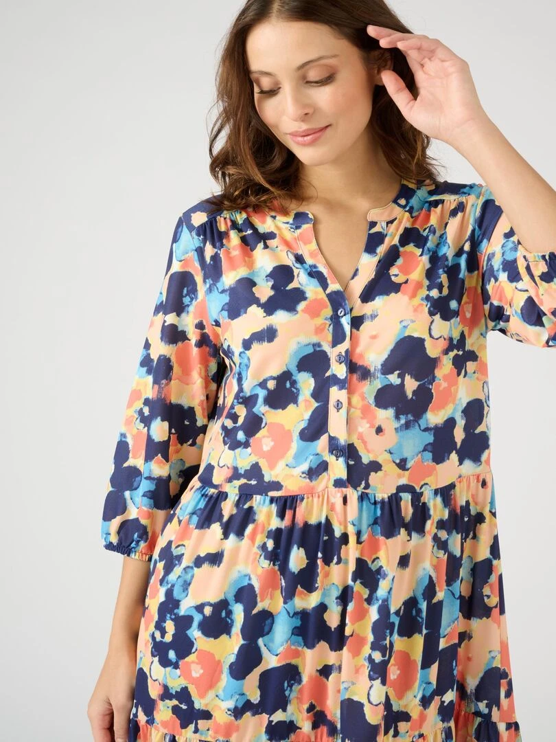 Robe longue maille crêpe à volants Damart Bleu marine