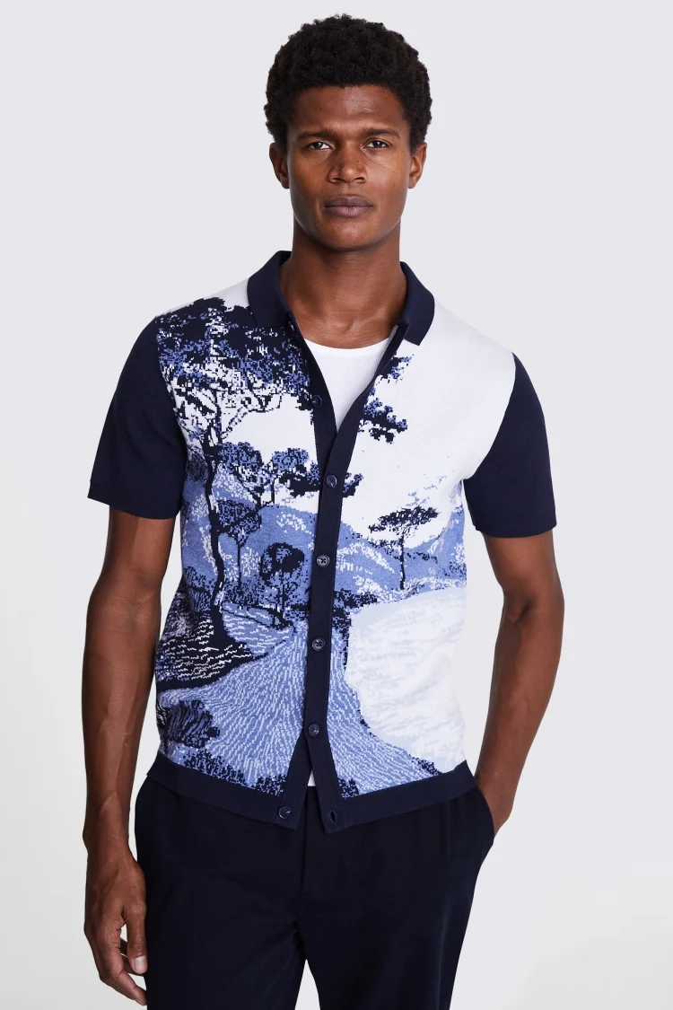 Blue Landscape Jacquard Knitted Cuban Shirt Buy Online at Moss