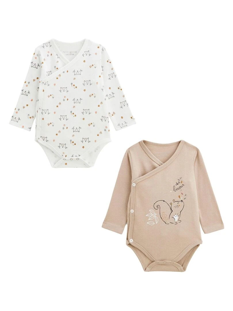 Lot de 2 bodies bébé manches longues ouverture croisée Noisette Ecru