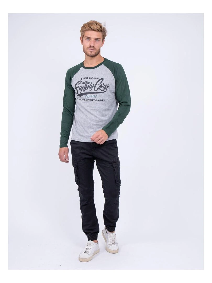 T shirt manches longues col rond pur coton JANDAT   Vert