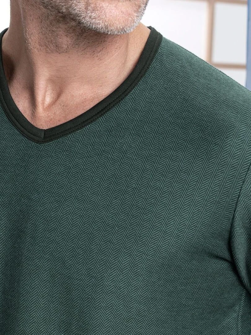 Pyjama long cardé 100% coton à micro motif jacquard Zen   Vert