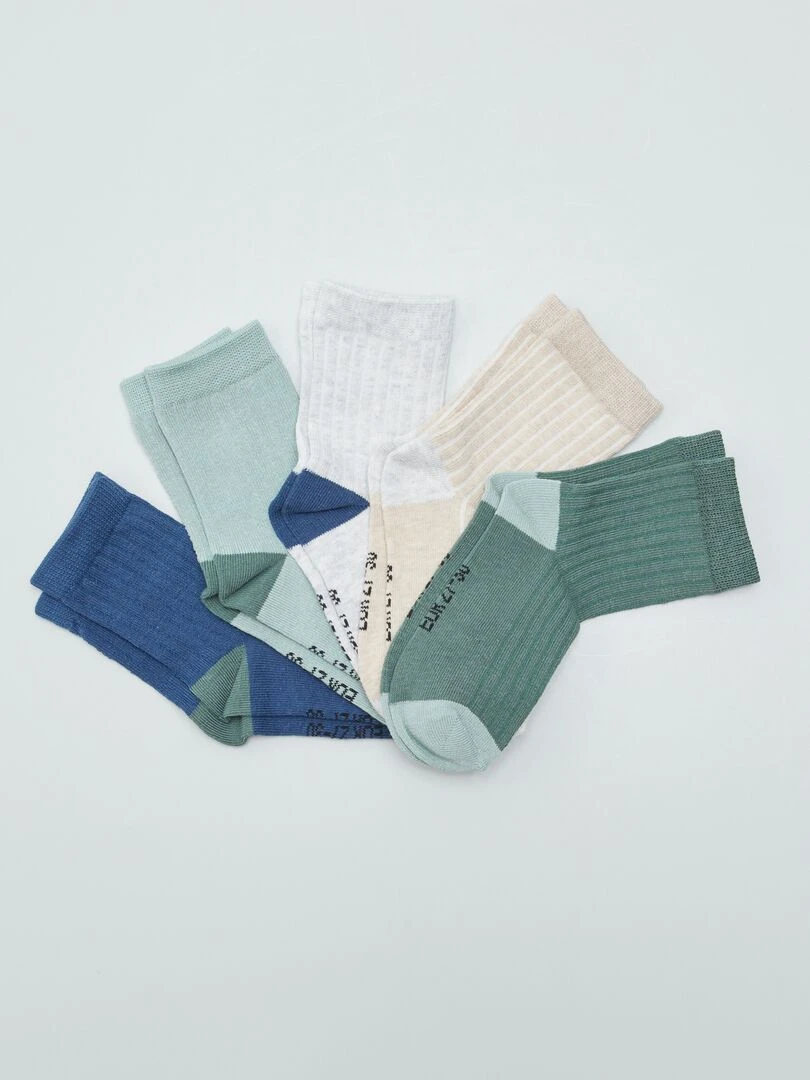 Lot de 5 paires de chaussettes côtelées Blanc/bleu/vert/beige