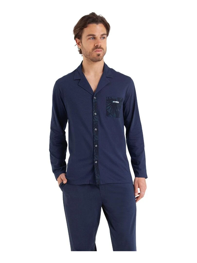Pyjama long ouvert homme Easy Print Bleu marine