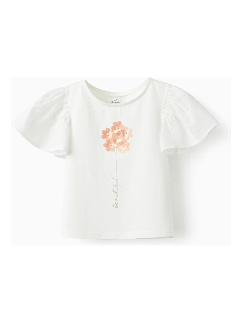 T shirt avec Fleurs et Paillettes pour Fille manches courtes CÉRÉMONIE Blanc