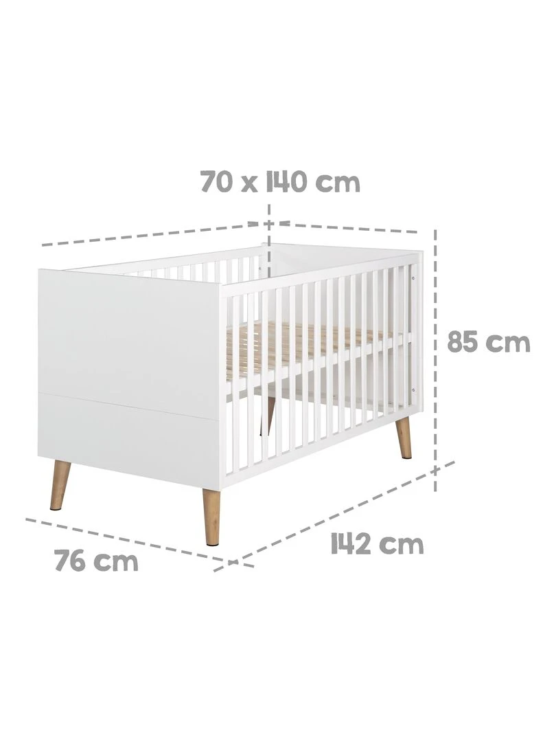 ROBA Lit bébé évolutif "Mick"   70x140   Hauteur Réglable   3 Barreaux Amovibles   Blanc/Décor Bois   Blanc